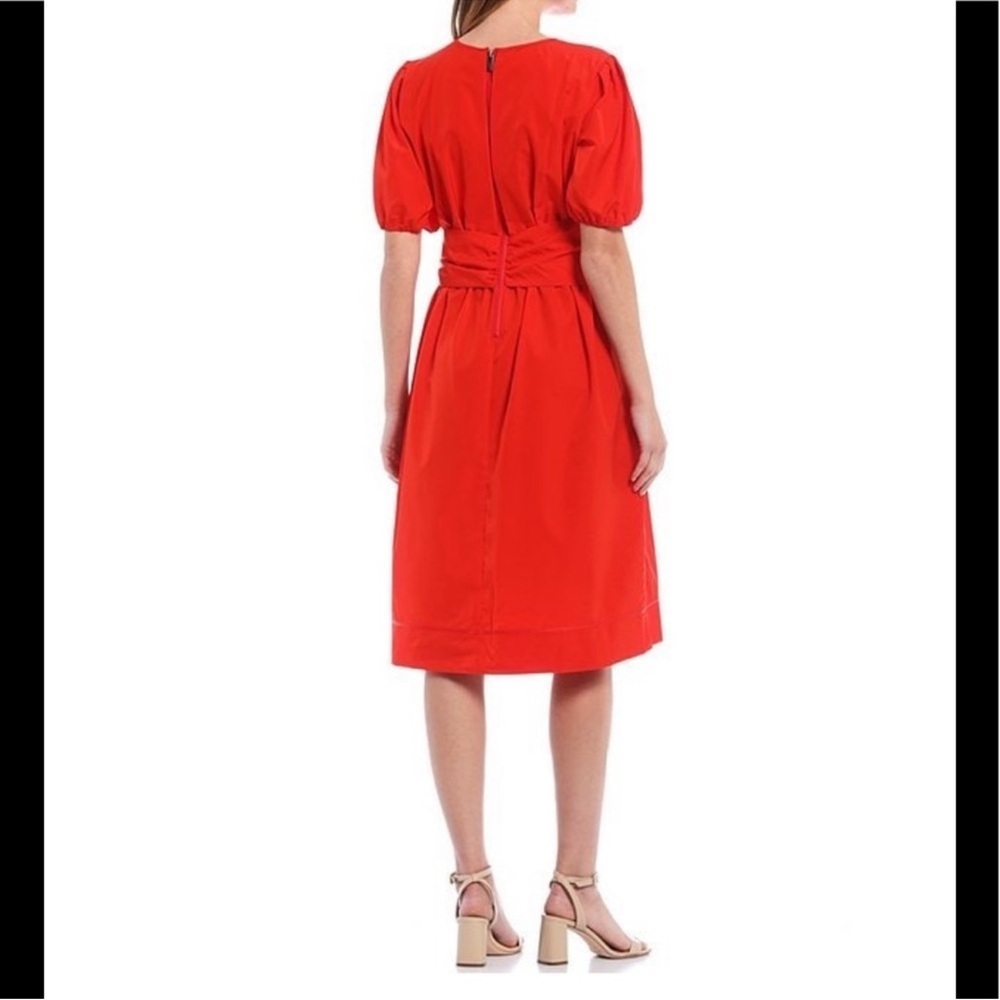 LDT Red Dress Connie Front Tie Short Sleeve Blouson Midi Dress 12 - Picture 2 of 16